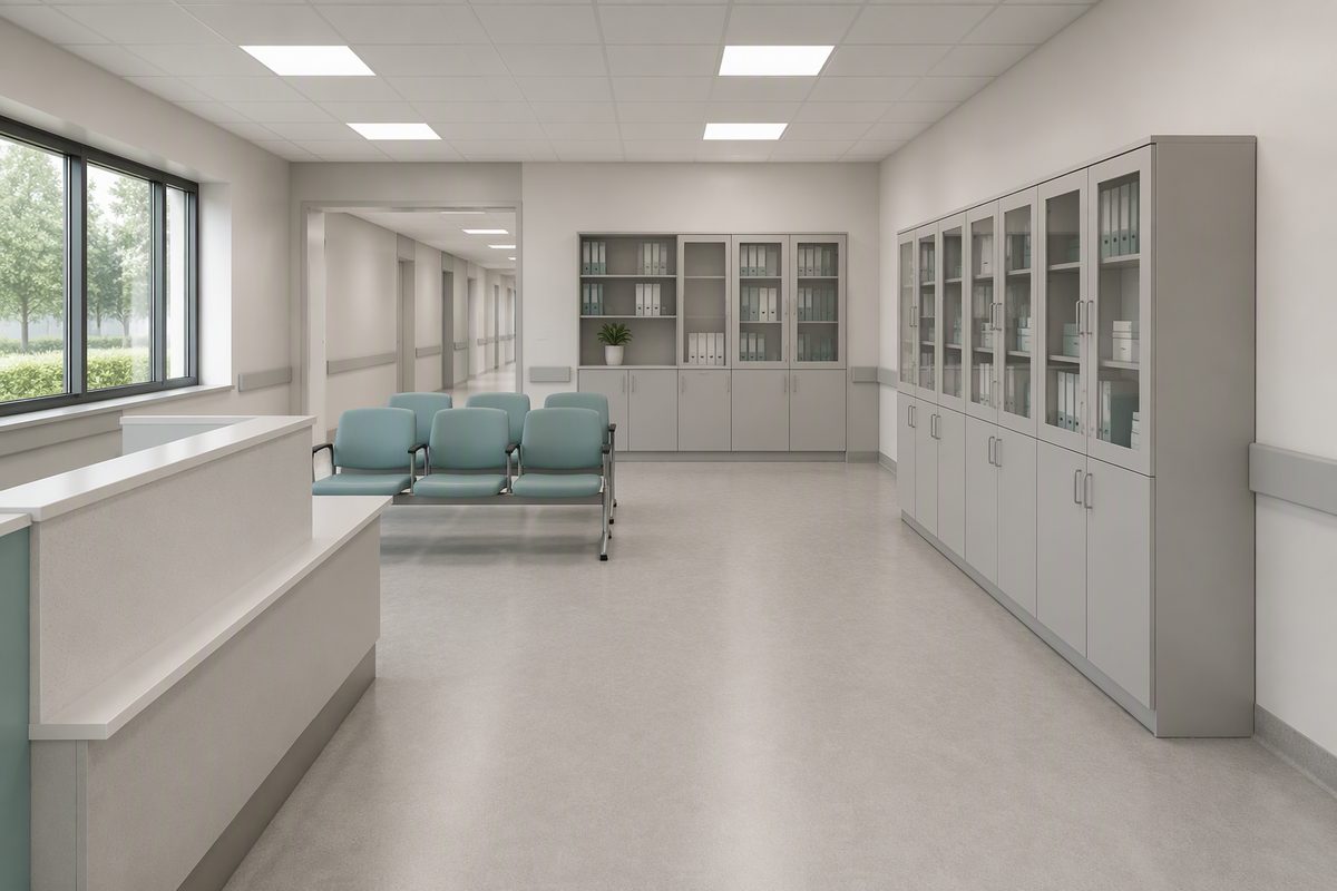 Concept interior view of a clinic reception counter, linked waiting seating and glazed clinical storage cabinets.