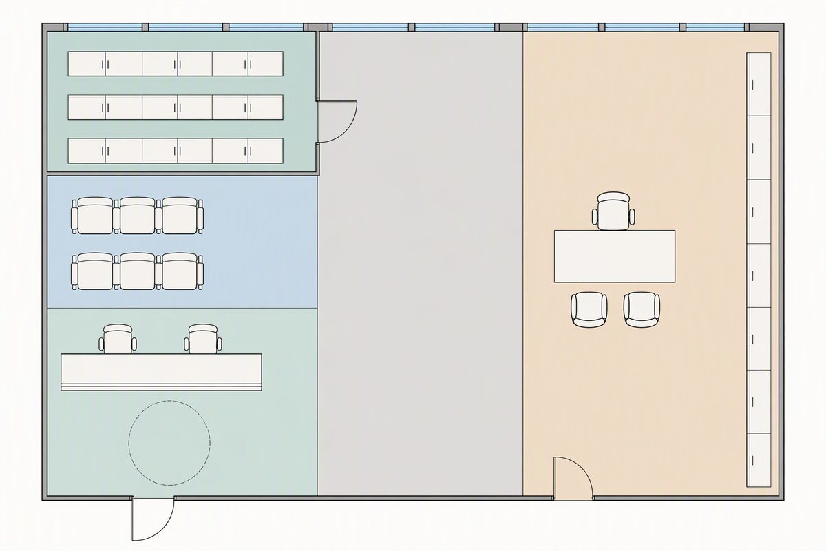 Concept zoning plan of an outpatient clinic showing patient intake, a waiting area, clinical storage, a consultation point, a records wall and a circulation corridor.