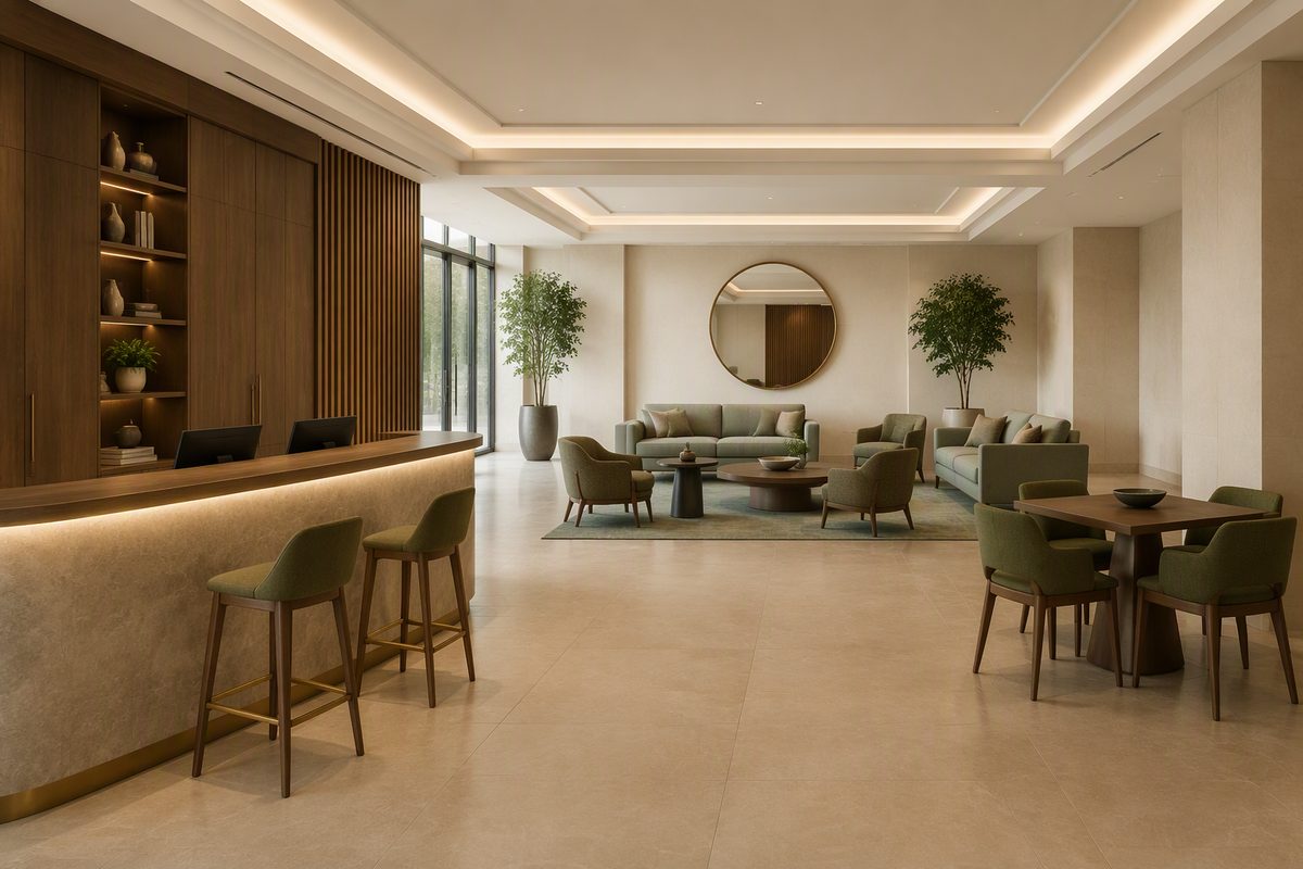 Concept interior view of a hotel reception desk, a lounge group and a business meeting nook.
