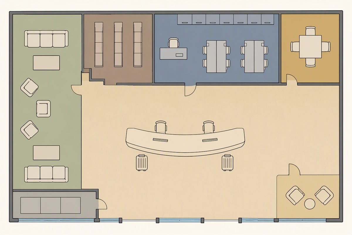 Concept zoning plan of a hotel lobby floor showing the front desk, a waiting lounge, a business and meeting nook, a back-of-house support area, a storage room and a guest seating corner.