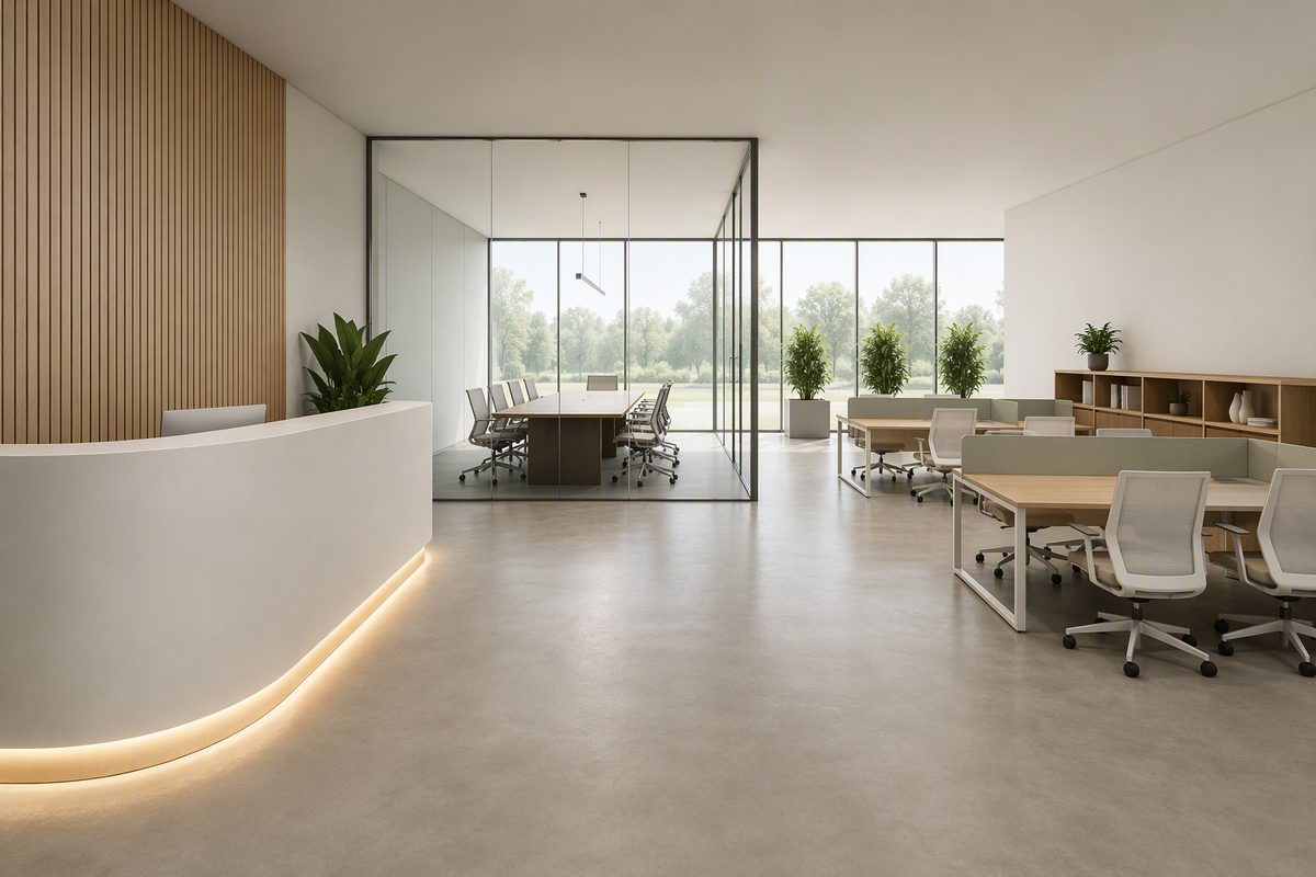 Concept interior view of an office reception counter, a glazed meeting room and an open workspace.