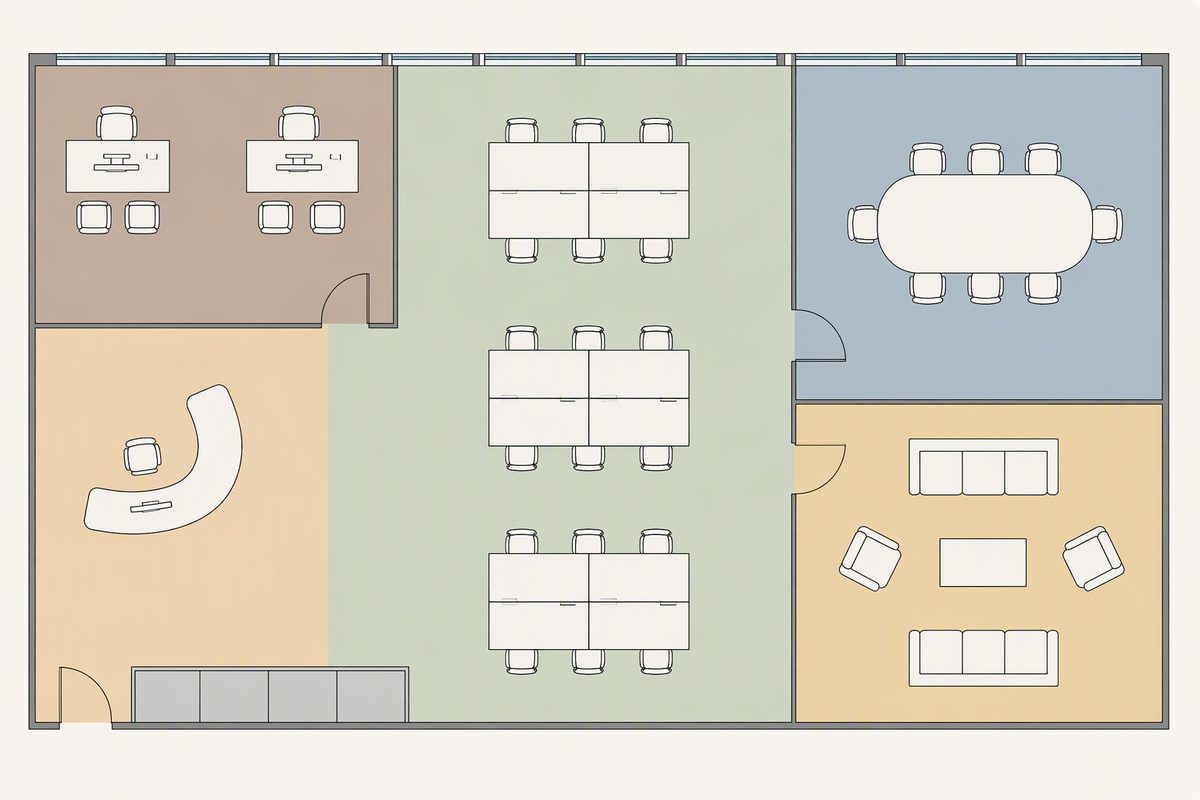 Concept zoning plan of a single office floor showing reception, two executive offices, an open workspace, a boardroom, a breakout lounge and a storage wall.