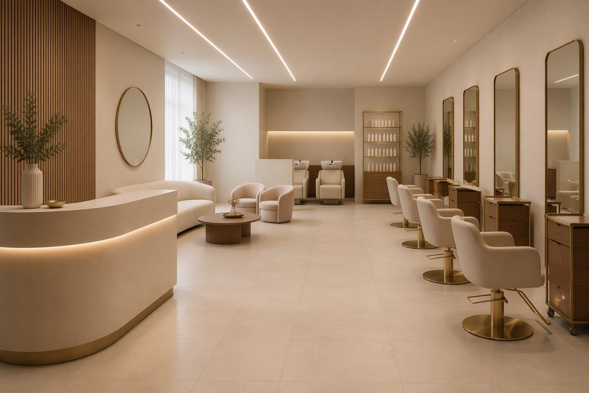 Concept interior view of a salon reception counter, styling chairs with mirrors and a client waiting area.