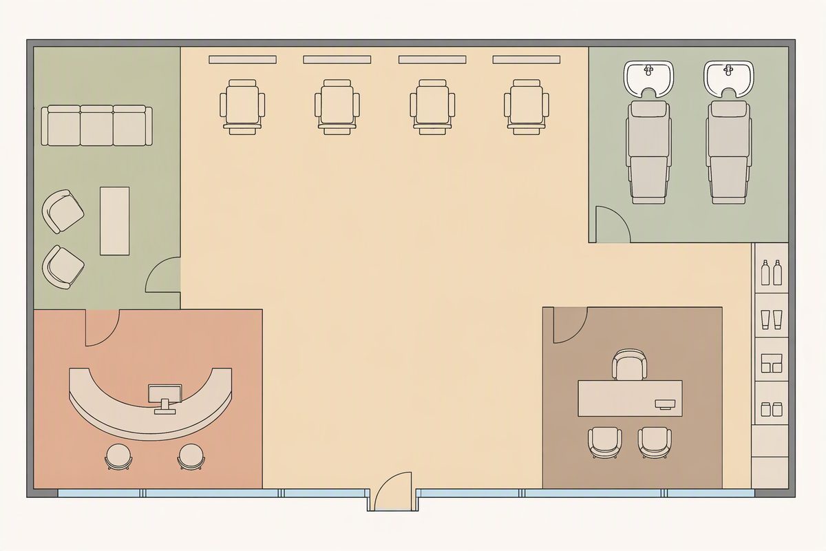 Concept zoning plan of a salon floor showing a reception counter, a consultation room, four styling stations, a wash bay, a client lounge and a retail display run.