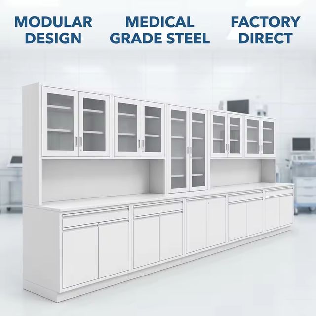 Modular Medical Pharmacy Storage Cabinet Cold Rolled Steel Glass Door Clinic Furniture With Countertop Factory Direct