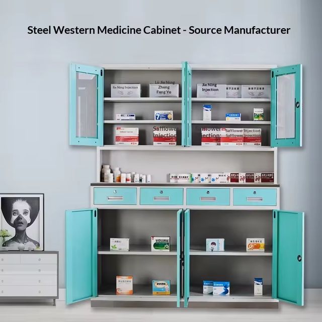 Modular Medical Pharmacy Storage Cabinet Cold Rolled Steel Glass Door Clinic Furniture With Countertop Factory Direct view 3