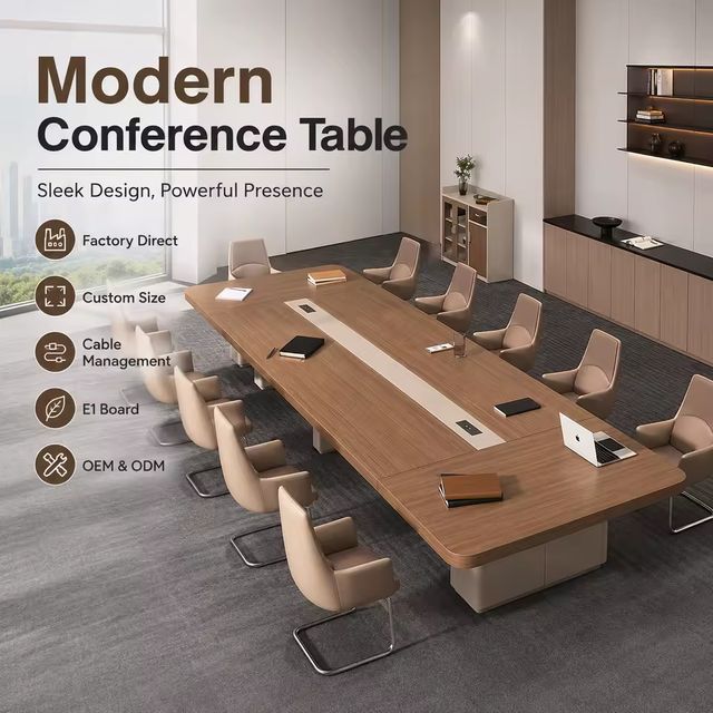 Modern Large Conference Table Set with Power Outlet USB Ports Rectangular Wood Office Meeting Desk for Boardroom Training Room
