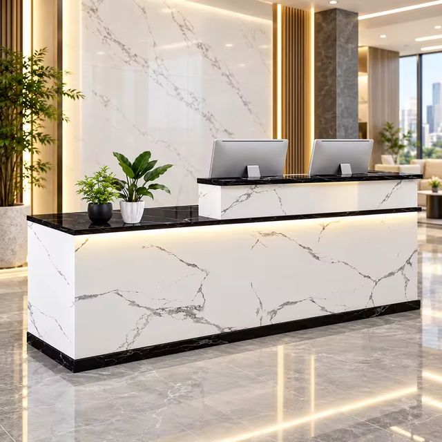 Modern Luxury Reception Desk with LED Light Customizable Marble Look Front Counter Office Hotel Salon Reception Table