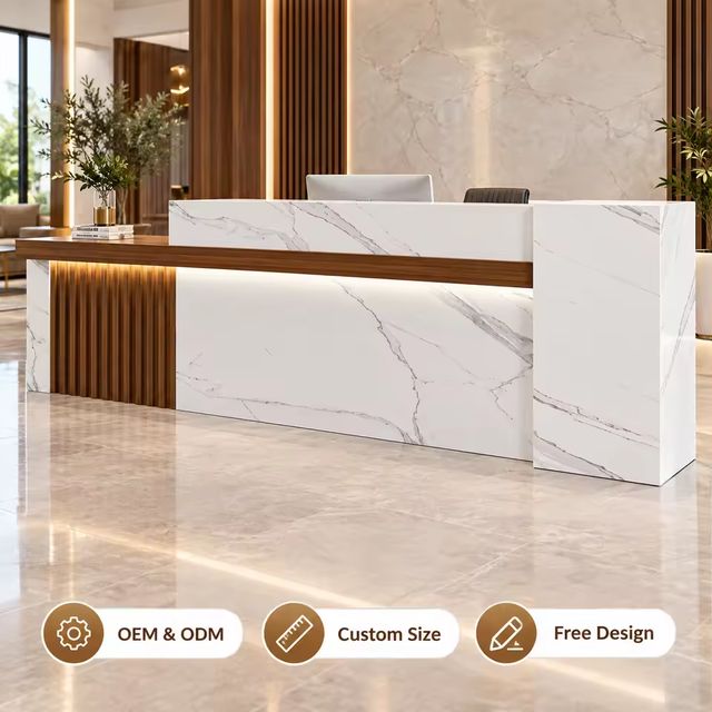 Modern White Wooden Reception Desk with LED Light Custom Logo Front Counter for Office Lobby