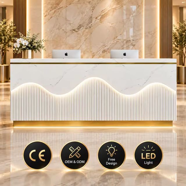 Modern Luxury Reception Desk with LED Light White Marble Look Wave Design Custom Front Counter for Beauty Salon Hotel Office