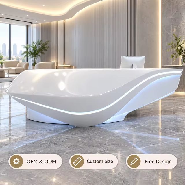 Modern Curved LED Reception Desk Custom Glossy White Front Counter for Office Hotel Salon Clinic