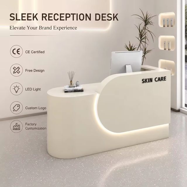 Curved Reception Desk Front Desk Counter with LED Light for Medical Spa Skin Care Clinic Salon Factory Direct Custom Logo