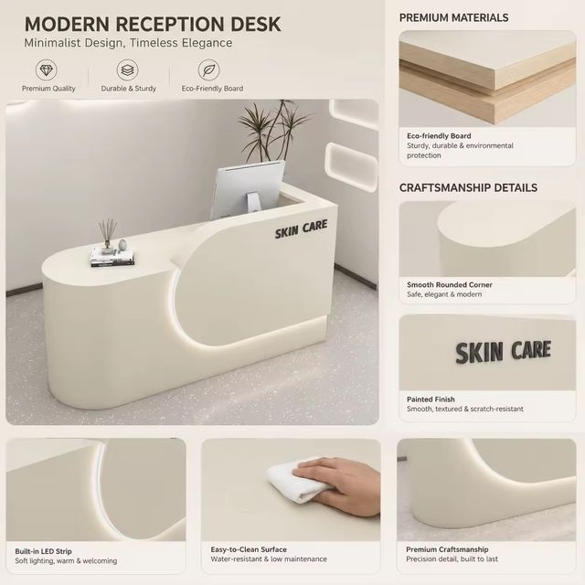 Curved Reception Desk Front Desk Counter with LED Light for Medical Spa Skin Care Clinic Salon Factory Direct Custom Logo view 3