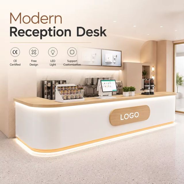 Modern Curved Reception Desk With LED Light Wood Grain Countertop Custom Logo Cashier Counter for Shop Beauty Salon