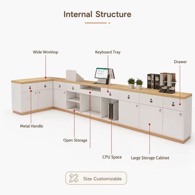 Modern Curved Reception Desk With LED Light Wood Grain Countertop Custom Logo Cashier Counter for Shop Beauty Salon view 2