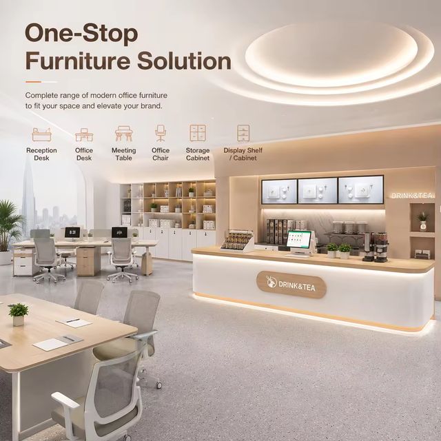 Modern Curved Reception Desk With LED Light Wood Grain Countertop Custom Logo Cashier Counter for Shop Beauty Salon view 4