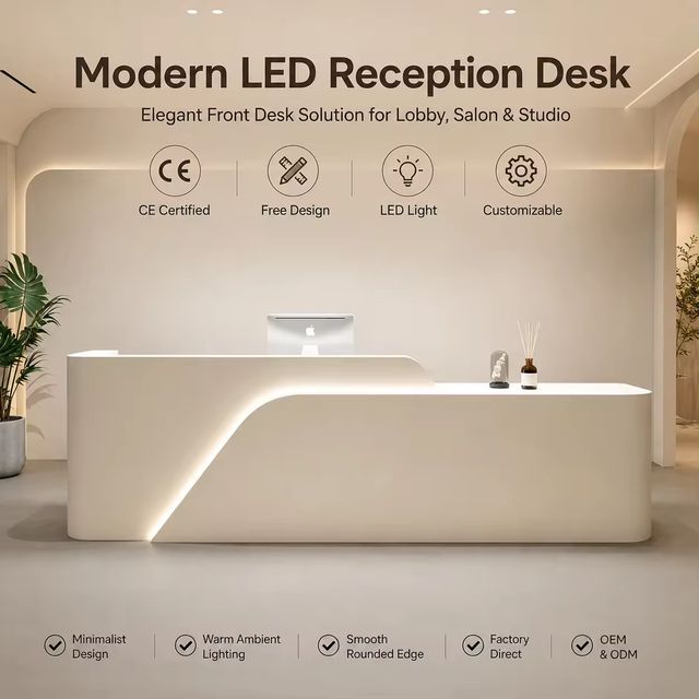 Custom Modern Cream Reception Desk with LED Lighting Counter for Hotel Lobby Beauty Salon Wholesale Factory