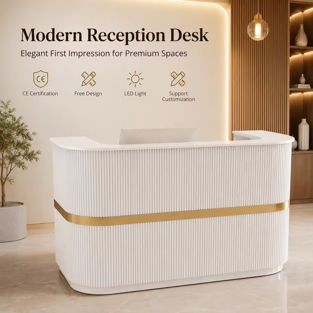 Light Luxury Fluted Reception Counter Rounded Corner Gold Decor MDF Reception Desk Custom Size for Beauty Salon Office Shop