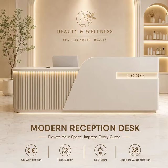 Custom Minimalist Wood Panel Rectangle Reception Desk Eco Friendly Office Front Counter Hotel Beauty Salon Commercial Furniture