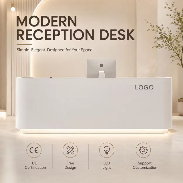 Modern Cream LED Reception Desk Custom Size Wooden Front Counter Minimalist Office Salon Hotel Reception Furniture